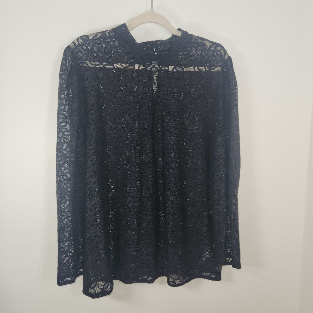 GAP Black Lace 3/4 Sleeve Sheer Mock Neck Blouse Top size XL TALL Retails $70